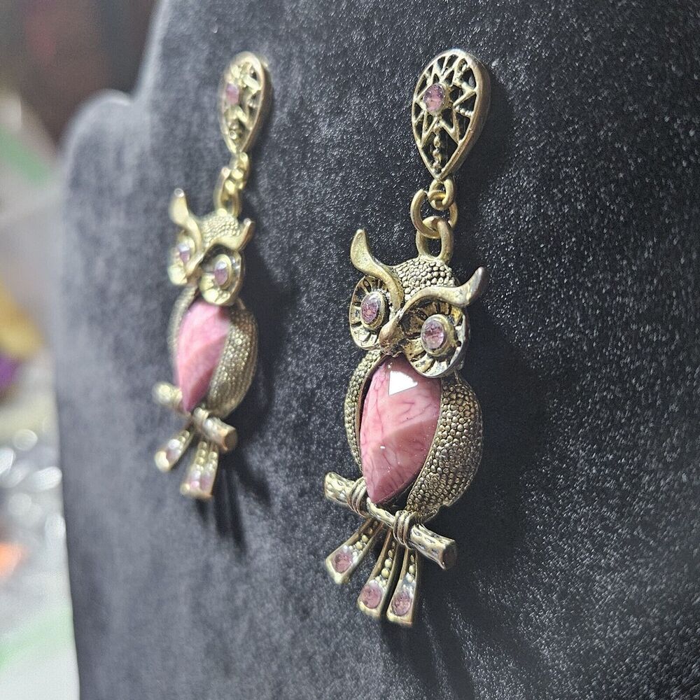 Gold Tone Dangling Owl With Purple Earrings - Picture 4 of 11